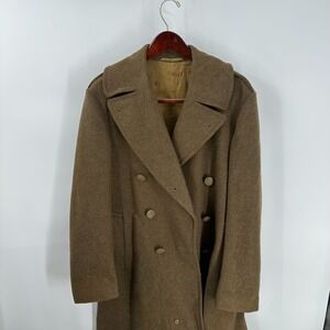 Vintage 80s US Army Military Double Breasted Button Front Overcoat Tan Size 36 L